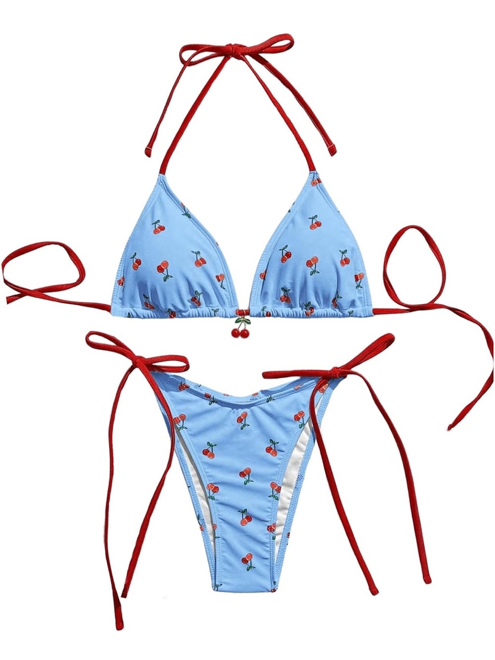 NWOT WDIRARA Blue Cherry Print Tie-Side String Bikini Swim Set